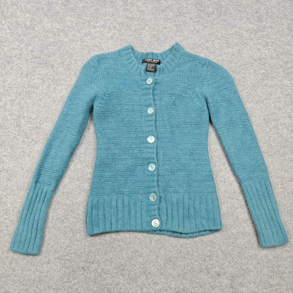 Mariele Waithe Cardigan Womens M Blue 100% Cashmere Knit Button Front Crew Neck